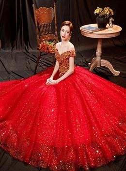 Picture of Red Color Sweetheart Shiny Tulle Off Shoulder Short Homecoming Dresses, Red Color Party Dress